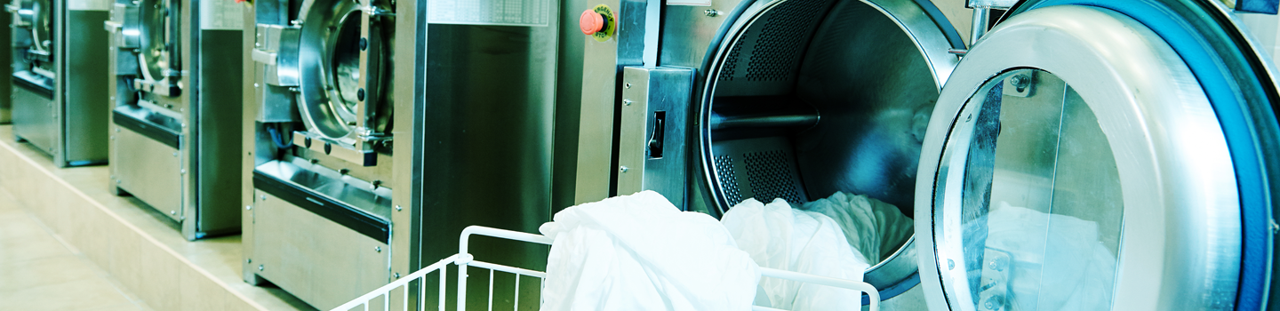 A line of industrial laundry machines